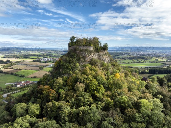 Aerial view of the Hegau volcano and the Hohenkrähen castle ruins, district of Constance,