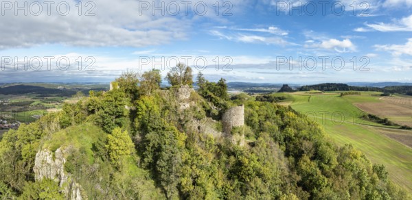 Aerial view, panorama of the Hegau volcano and the Mägdeberg castle ruins, with the Hohenkrähen on