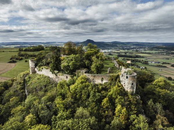 Aerial view of the Hegau volcano and the Mägdeberg castle ruins, with Hohenhewen on the horizon,