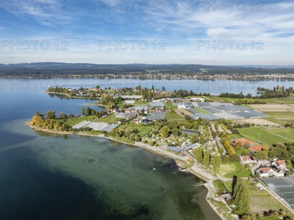Aerial view of the north-western tip of the island of Reichenau in Lake Constance, with the
