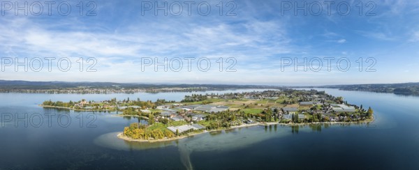 Aerial view, panorama of the island of Reichenau in Lake Constance, district of Constance,