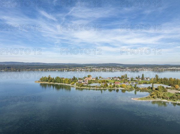 Aerial view of the north-western tip of the island of Reichenau in Lake Constance, with the