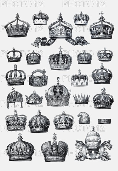 Plate with crowns of emperors, kings, princes, dukes and pope, historical book illustration, steel