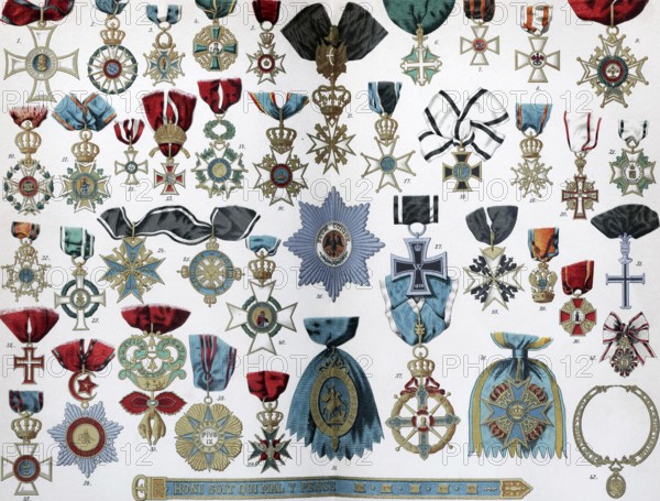 Colour plate with the most important orders in Europe in the 19th century, historical book