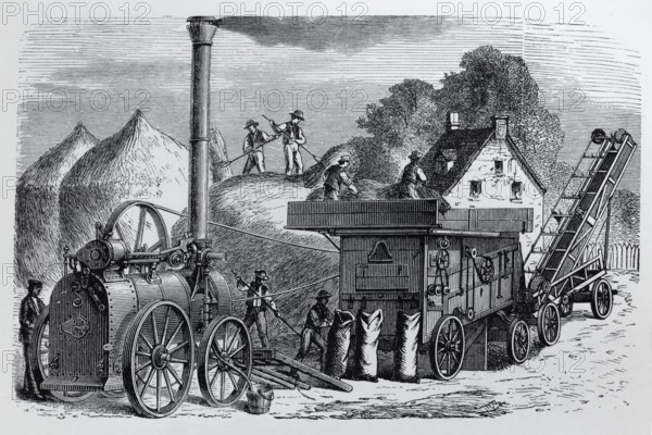 Steam threshing machine with staking device and straw elevator, agriculture around 1900, historical