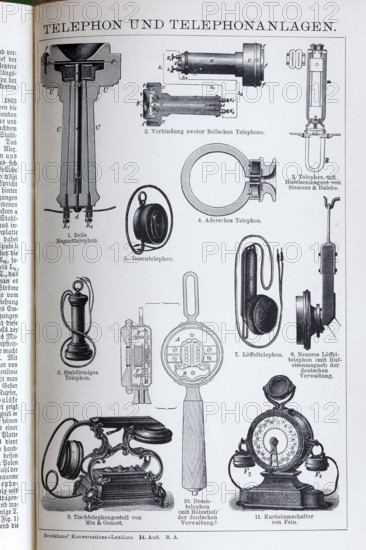 Encyclopaedia page with 19th century telephones and telephone systems, telephone technology,