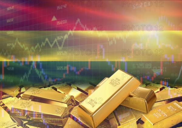 Gold bars on Bolivia flag in background. Gold bars stacked on Bolivian flag. Concept of Bolivia