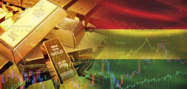 Gold bars stacked on Bolivian flag. Bolivia gold reserves, Concept