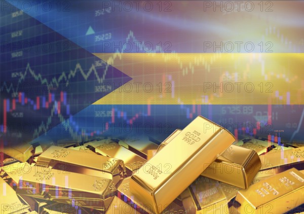 Gold bars on Bahamas flag in background. Gold bars stacked on Bahamian flag. Concept of Bahamas