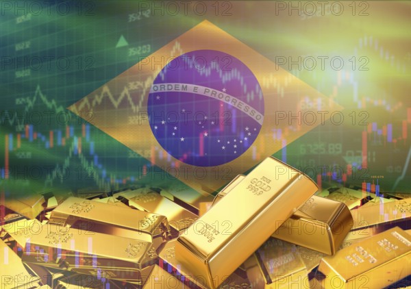 Gold bars on Brazil flag in background. Gold bars stacked on Brazilian flag. Concept of Brazil gold