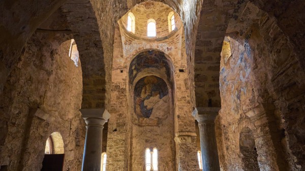 Church of Agia Sophia from the 14th century AD, interior of an old church with round arches and
