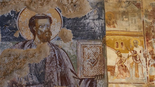 Post-Byzantine church of Agios Nikolaos from the 17th century AD, fresco of a saint with book,