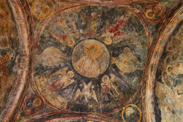 Church of Agia Sophia from the 14th century AD, detailed frescoes on the church ceiling with