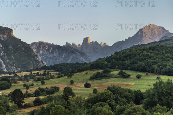 Golden hour sunlight illuminating the iconic naranjo de bulnes peak, towering over lush green