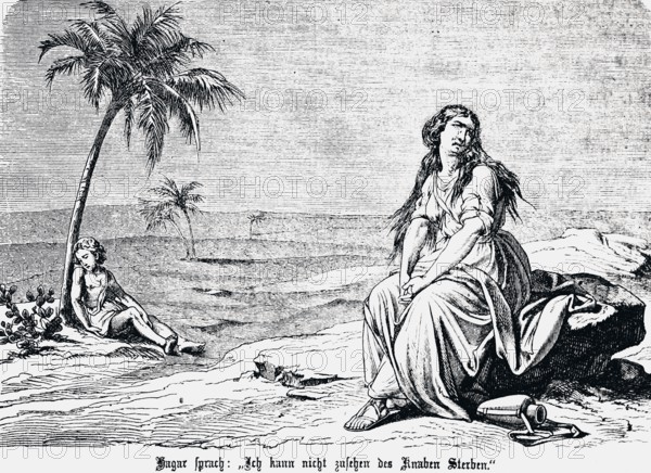 Hagar cannot bear the suffering of her thirsty son Ishmael in the desert, dying of thirst, water