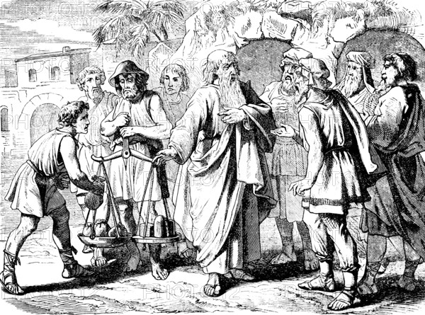 Abraham's woman Sarah dies at 127, he buys her an inheritance, city gate, group, merchant, scales,
