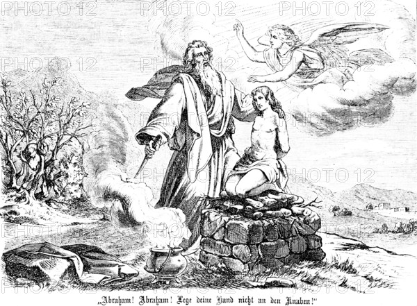 God commands Abraham to sacrifice his only son Isaac, revokes his command at the sacrificial mark,