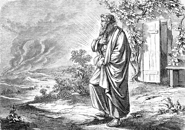 Abraham looks at the burning Sodom and Gomorrah in the distance, rising smoke, conflagration, hut,