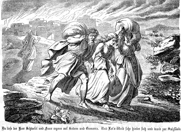 God rains brimstone and fire on Sodom and Gomorrah, Lot flees, his woman Sahra looks back and