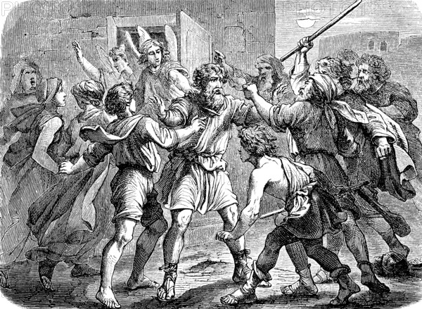 The Eidammers want to take Lot's daughters by force, Lot defends himself, attack, fight, turmoil,
