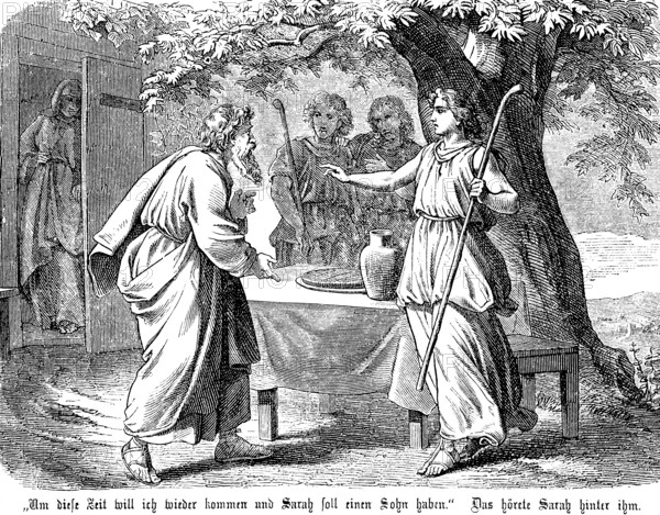 Abraham is to father a son, his woman Sahra overhears the conversation, garden scene, hut, three