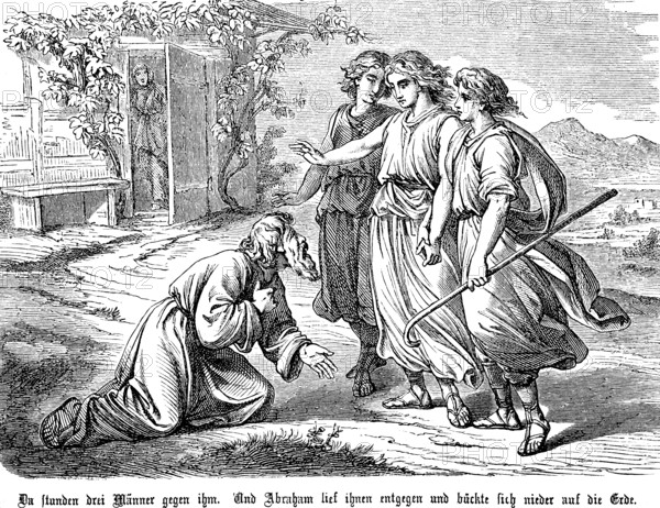 Three young men meet Abraham and tell him to father a child, Sahra overhears the conversation in