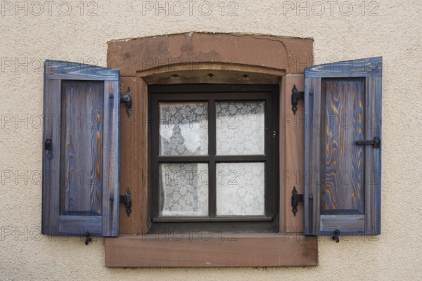 Window with blue shutters, Southern Palatinate, Palatinate, Rhineland-Palatinate, Germany