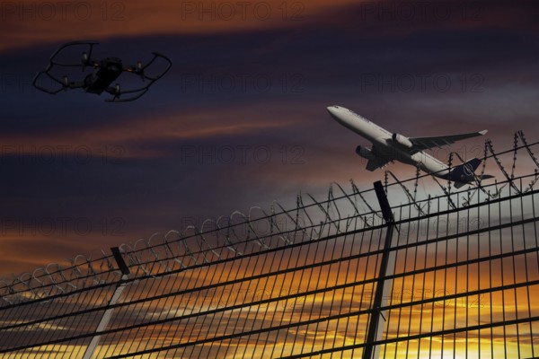 (Photomontage) Drone and Lufthansa aircraft taking off in the evening sky