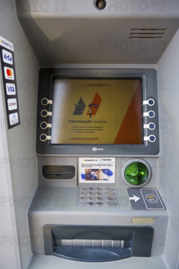 A modern ATM of Araratbank with screen and card slot, Bank, ATM, Martuni, Gegharkunik Province,