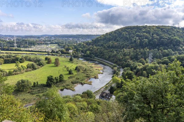 The Ruhr valley near Hattingen, Ruhr bend, groynes in the Ruhr, transformer station, North
