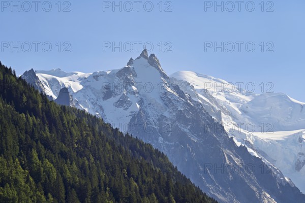 From left snow-covered Aiguille du Midi, Mont-Blanc, Vallot Hut, Chamonix-Mont-Blanc, Haute-Savoie,