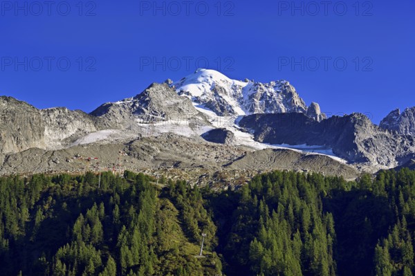 Aiguille des Grands Montets and snow-covered Aiguille Verte, Chamonix-Mont-Blanc, Haute-Savoie,