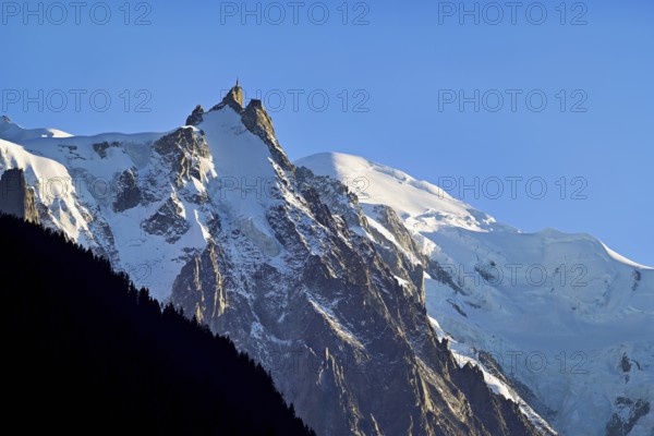 Aiguille du Midi, snow-covered Mont-Blanc on the right in the background, Chamonix-Mont-Blanc,