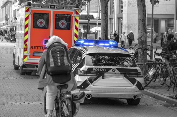 Emergency services and police on duty in the pedestrian zone, Erlangen, Middle Franconia, Bavaria,
