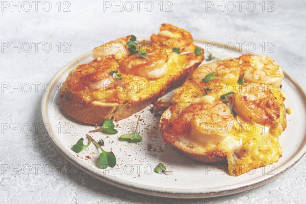 Sandwiches with shrimp and cheese, baked in the oven, with microgreens, breakfast, homemade, no