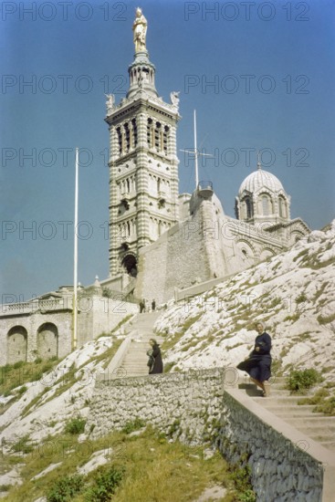 Neo-Byzantine architecture of basilica Notre Dame De La Garde church, Marseille, France, Europe,
