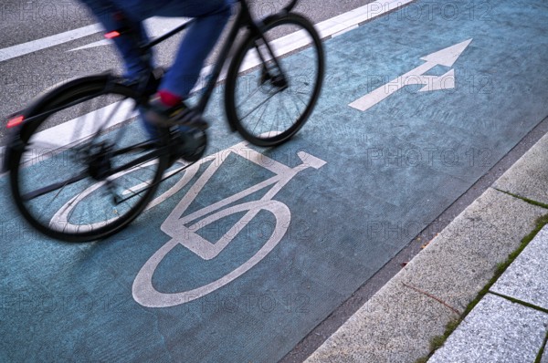 Bicycle, cyclist, rides on cycle path, pictogram, logo, labelling, next to road, movement effect,