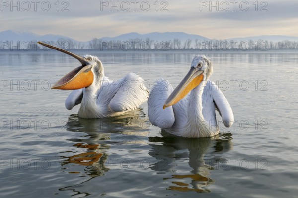 Dalmatian Pelican (Pelecanus crispus), Dalmatian Pelican, swimming, in its plumage, Lake Kerkini,