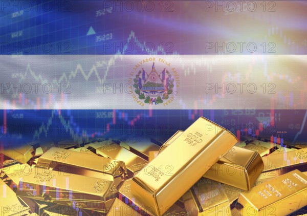 Gold bars on El Salvador flag in background. Gold bars stacked on Salvadoran flag. Concept of El