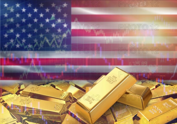 Gold bars on United States flag in background. Gold bars stacked on American flag. Concept of