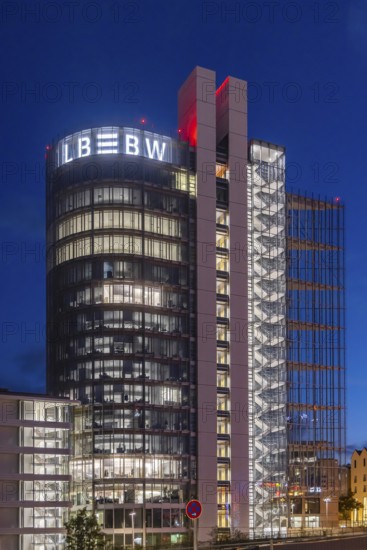 Building in the evening. Landesbank Baden-Württemberg on Heilbronner Straße. The bank's logo on the