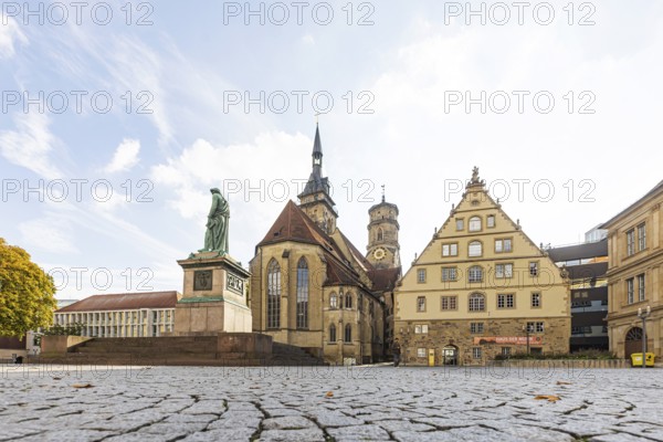 Schillerplatz Stuttgart with collegiate church, Schiller memorial and fruit box. City view of