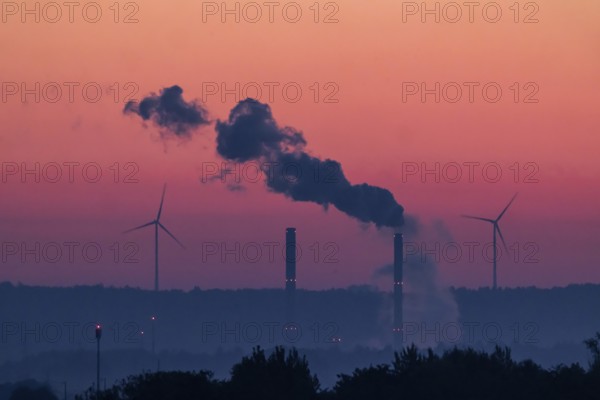 Sunrise on the Filder. Morning atmosphere near Filderstadt. Wind turbines on the Swabian Alb, the