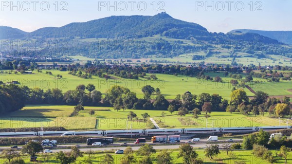 Landscape in the foothills of the Swabian Alb with the new Deutsche Bahn AG railway line from