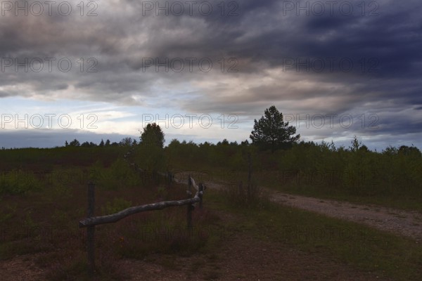 A country lane with an old fence under a cloudy, gloomy evening sky. NSG heaths and rough grassland