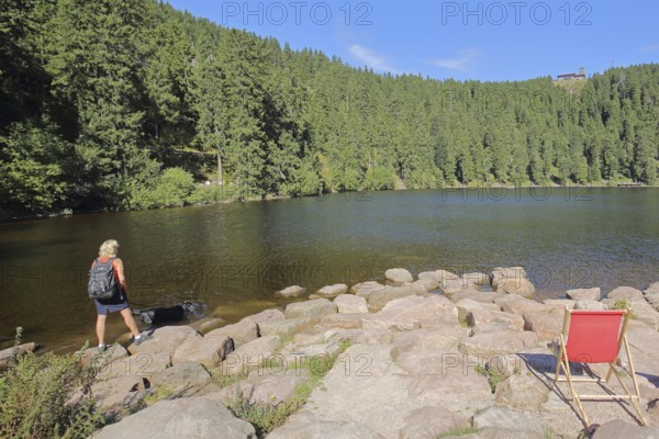 Lake landscape and empty deckchairs with tourist on the lakeshore, mountain, forest, Karsee,
