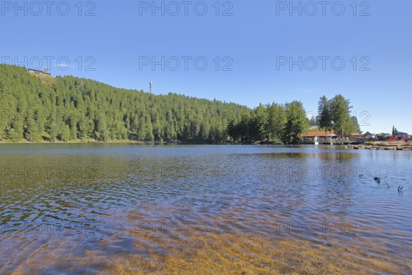 Lakescape with forest and mountain, Karsee, mountain lake, shore, transmission tower, mountain