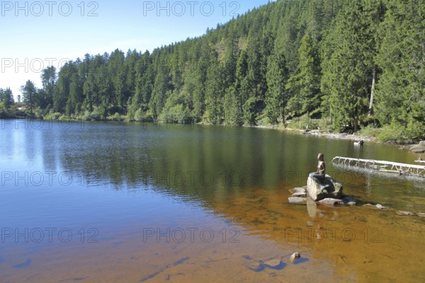 Mermaid sitting on a rock in the water, bronze sculpture, modern art, lake nymph, stone, forest,