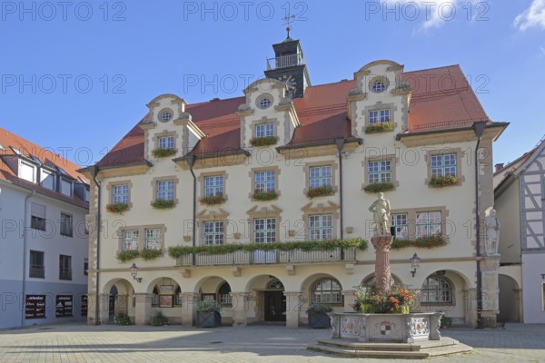 Town hall built in 1927 with dormer windows and market fountain, half-timbered house, Sigmaringen,