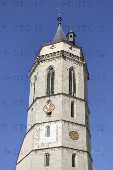 Tower of the late Gothic town church with sundial and clocks, church tower, landmark, Balingen,